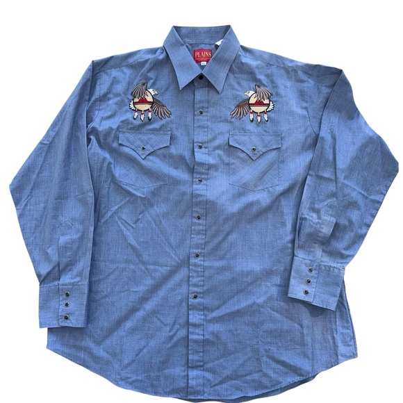 Plains Men’s Western Pearl Snap Shirt Blue – Black Onyx Snaps Cowboy Style - Picture 1 of 5
